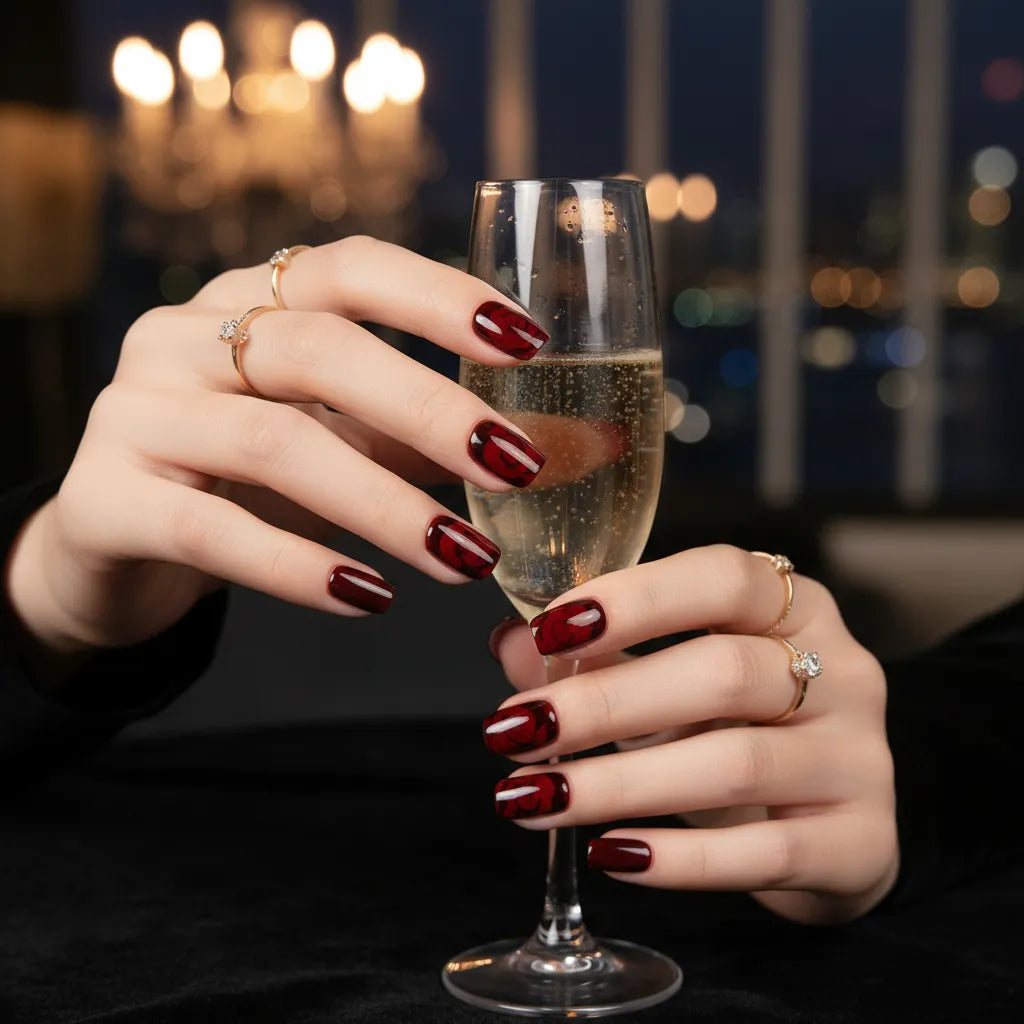 Close up of hands with red nail polish holding a glass of champagne against a blurred background