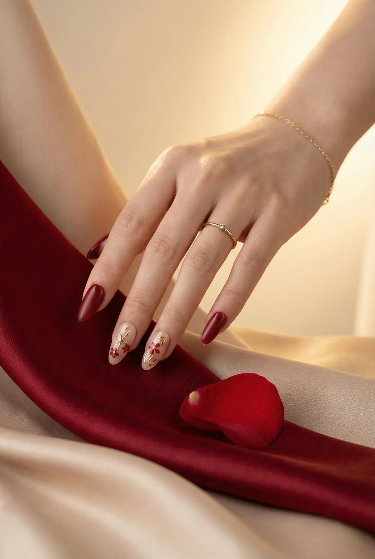 Hand with red nail polish and gold ring on a red fabric background