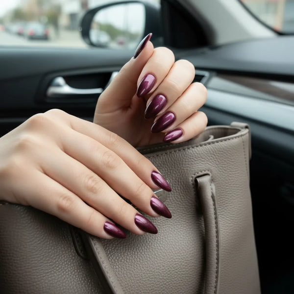 Close-up of hands with purple nail polish holding a gray handbag inside a car.