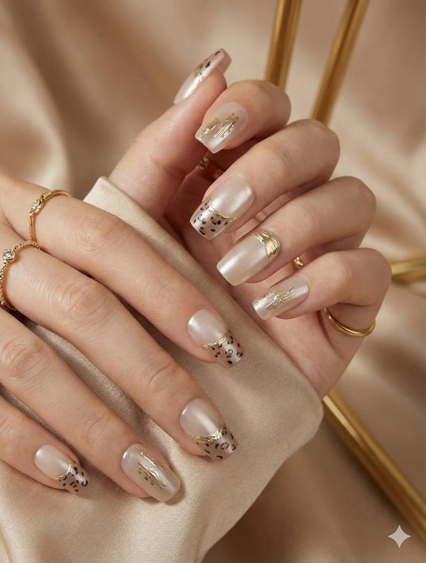 Close-up of hands with decorative nail art on a neutral background