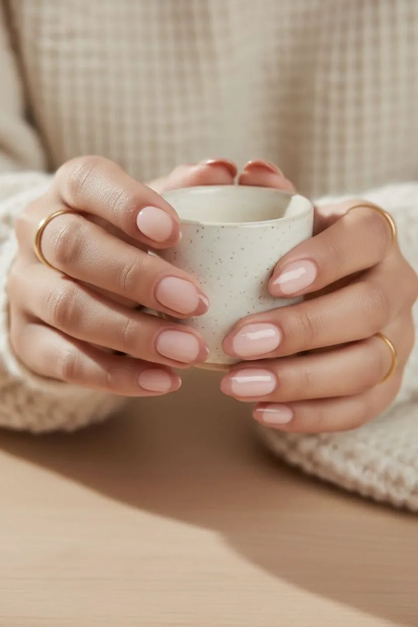 Close-up of hands holding a small ceramic cup with a neutral background