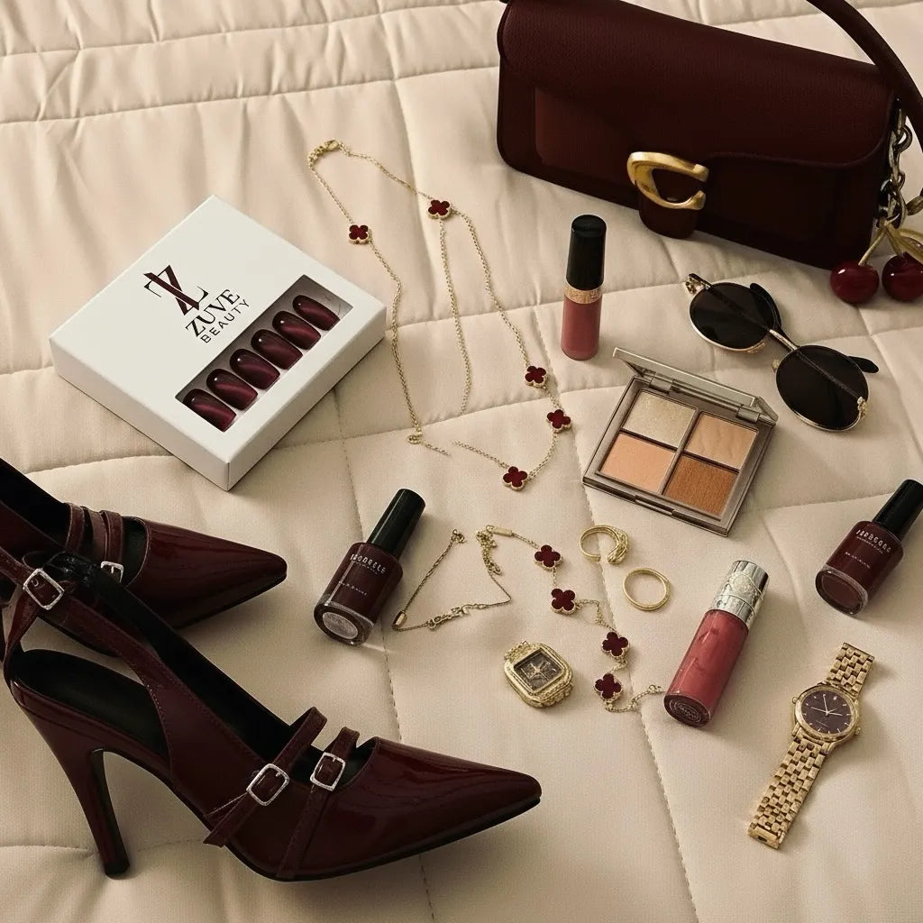 Collection of beauty products including lipstick, nail polish, and jewelry on a textured surface